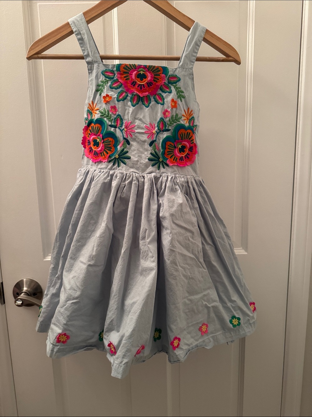 Mini Boden Light Blue Sundress with Bright Floral Embroidery
